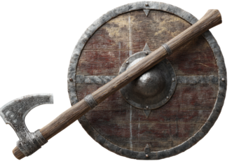 Wooden shield and axe, medieval weaponry
