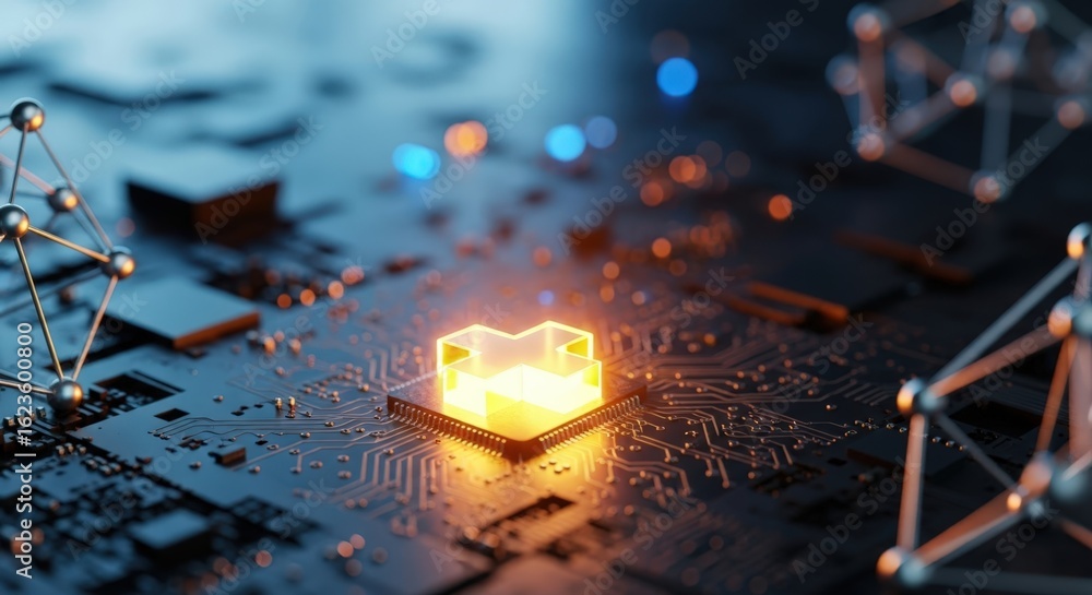 Poster glowing central processor on a futuristic circuit board with abstract molecular structures
