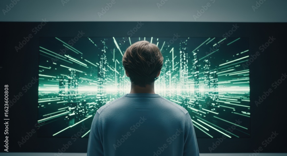 Poster man looking at a futuristic digital cityscape with glowing green lines, representing data and techno