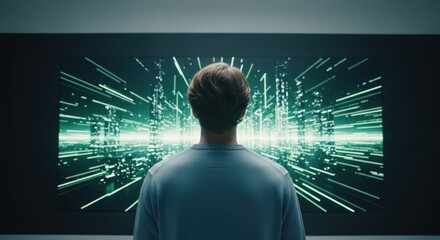 Man looking at a futuristic digital cityscape with glowing green lines, representing data and technology