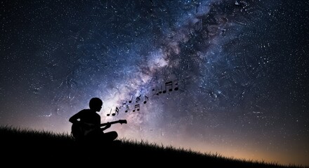 Silhouette of a person playing guitar under the starry night sky with musical notes