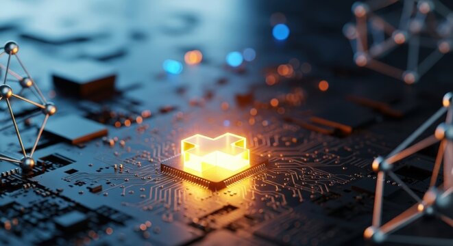 Glowing central processor on a futuristic circuit board with abstract molecular structures