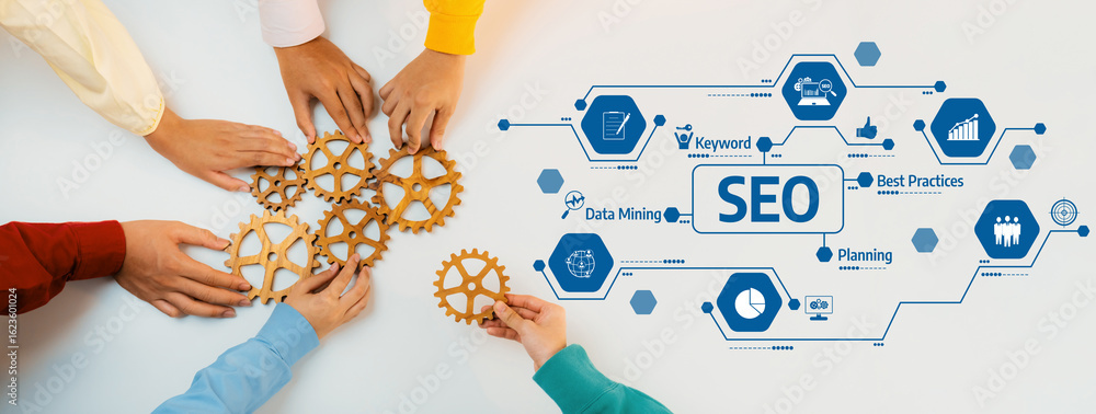 Poster collaborative teamwork on seo strategy with gears and icons representing data analysis, best practic