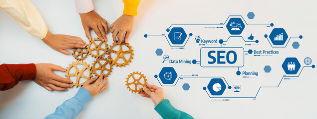 Collaborative Teamwork on SEO Strategy with Gears and Icons Representing Data Analysis, Best...
