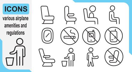Airplane Amenities and Regulations Icons Set With Seats and Signs vector illustration