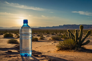 Plastic Water Bottle Standing in Desert at Sunset – Survival Concept