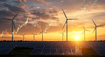Renewable energy sources including solar panels and wind turbines at sunset with financial graph overlay