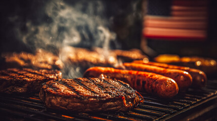 Smoke rises from sizzling steaks and sausages on a grill, with a faded American flag in the background. A classic celebration of patriotism, flavor, and summer barbecue tradition.