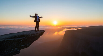Obraz premium Businessman stands at cliff edge with arms open, sunrise in background. Symbol of ambition, freedom, and risk.