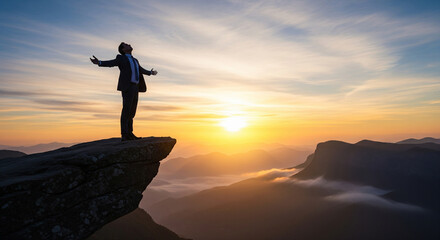 Fototapeta premium Businessman stands at cliff edge with arms open, sunrise in background. Symbol of ambition, freedom, and risk.
