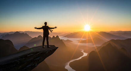 Fototapeta premium Businessman stands at cliff edge with arms open, sunrise in background. Symbol of ambition, freedom, and risk.