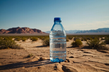 Plastic Water Bottle Standing in Desert at Sunset – Survival Concept