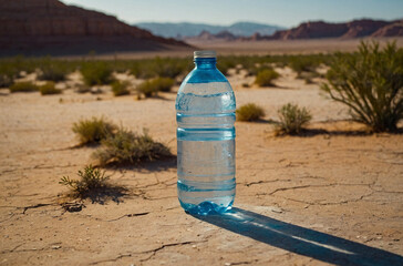 Plastic Water Bottle Standing in Desert at Sunset – Survival Concept