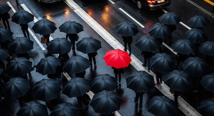 One red umbrella standing out among many black ones on a rainy street, symbolizing individuality, uniqueness, and boldness