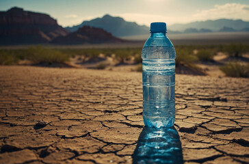 Plastic Water Bottle Standing in Desert at Sunset – Survival Concept