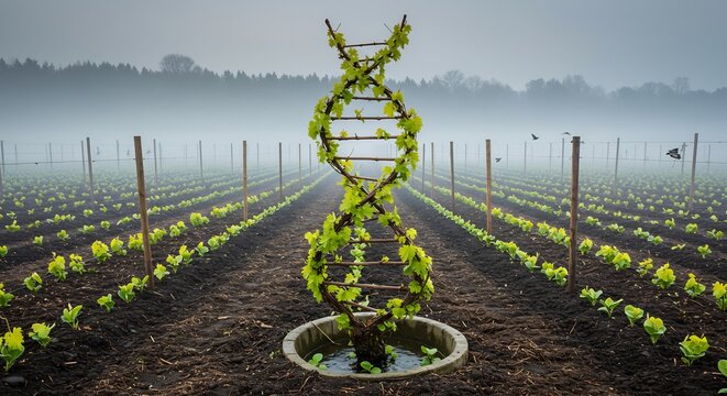 Genetic Code of the Vine: DNA Trellis in a Misty Morning Field