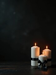 Three white candles tied with black ribbons burning against a dark background, creating a somber mood.