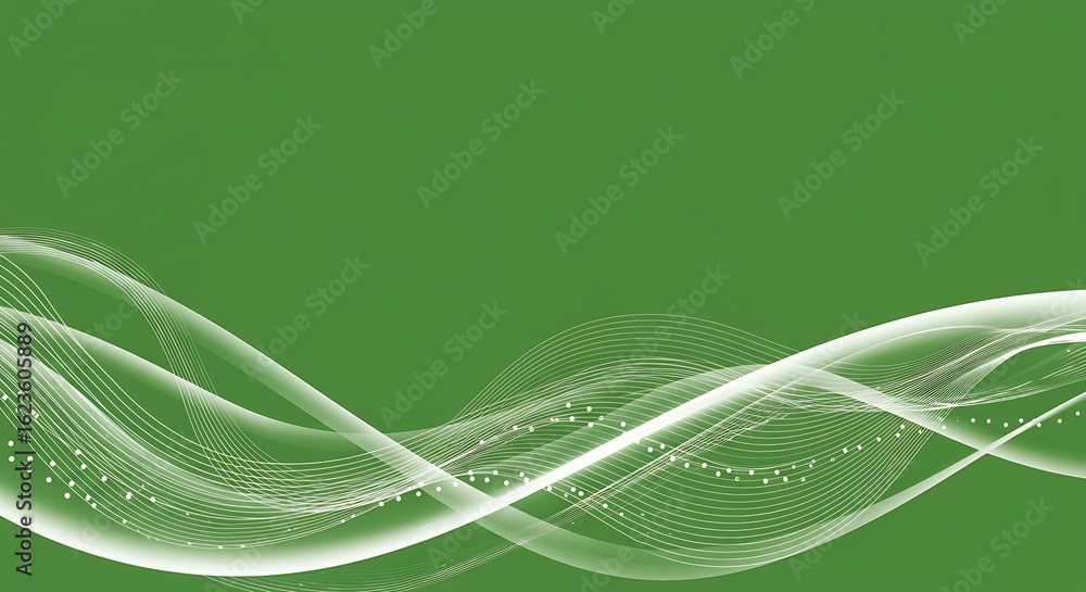 Poster abstract flowing white light waves with subtle sparkling particles on a solid green background