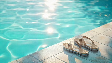 flipped sandals near pool edge, travel ad banner or vacation promo image, content for resort or footwear brand storytelling,
