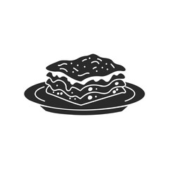 Black and white lasagna icon on plate with layered pasta and cheese