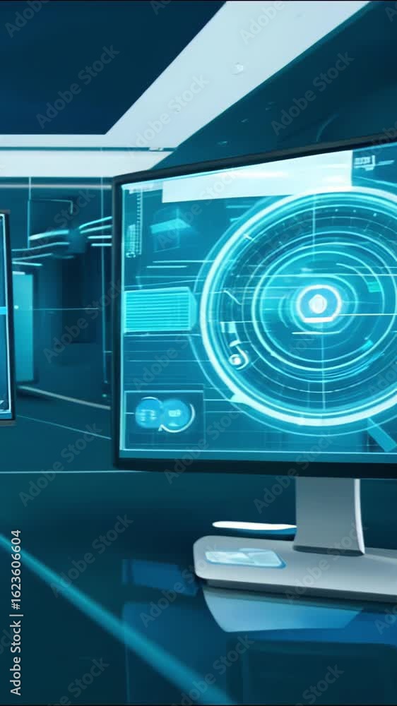 Poster futuristic computer monitor display with sci-fi interface in modern high-tech laboratory, digital il