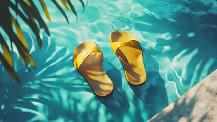 flipped sandals near pool edge, travel ad banner or vacation promo image, content for resort or footwear brand storytelling,