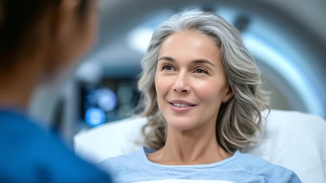 Cancer patient undergoing CT simulation for radiation therapy in a hospital setting, guided by healthcare professional, calm and clinical atmosphere treatment mapping, oncology wor