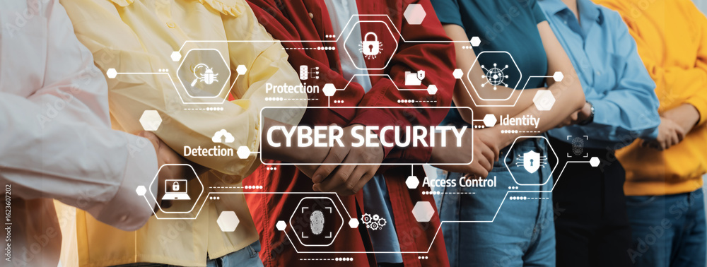Poster a visual representation of a diverse group focused on cyber security, highlighting key concepts like