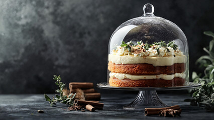 glass dome covering cake, Christmas cake, bakery banner, online store mockup, food packaging design, website header for home baking service, newsletter visual, product label sample, gourmet ad design