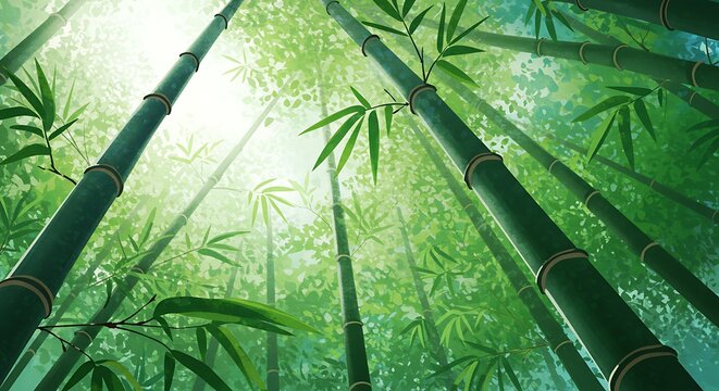 Looking up through a dense vibrant green bamboo forest with sunlight filtering through the leaves