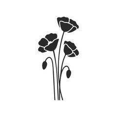 Black silhouette of poppy flowers on white background