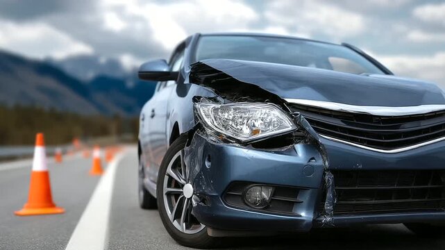 Damaged car at the side of the road after a crash, broken headlights and dented bumper, traffic cones and hazard lights on, cloudy sky road incident, vehicle impact, traffic safety