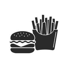 Silhouette of cheeseburger and fries on white background