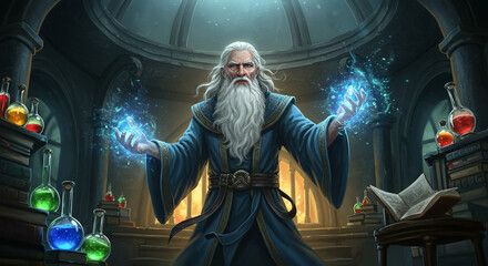 Fototapeta premium A wizard casting a spell in a library with potions and books around him with a magical glow in his hands