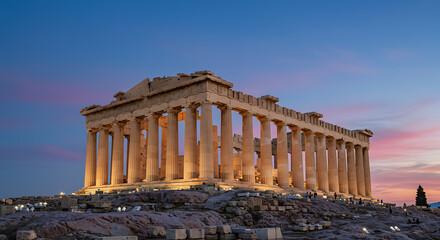 Naklejka premium Photograph the Parthenon on the Acropolis hill, Greece, during dusk, with soft blue and pink hues in the sky. Emphasize the columns and ruins lit by fading light, free of modern clutter or people.