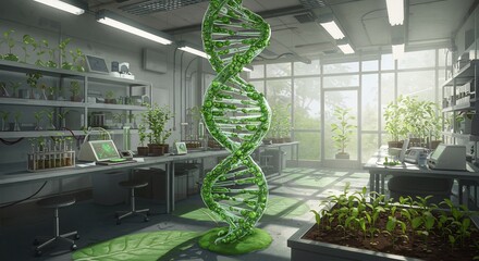 Luminous Green DNA Helix in a Sunlit Plant Biotechnology Research Laboratory