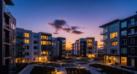Modern apartment complex at twilight