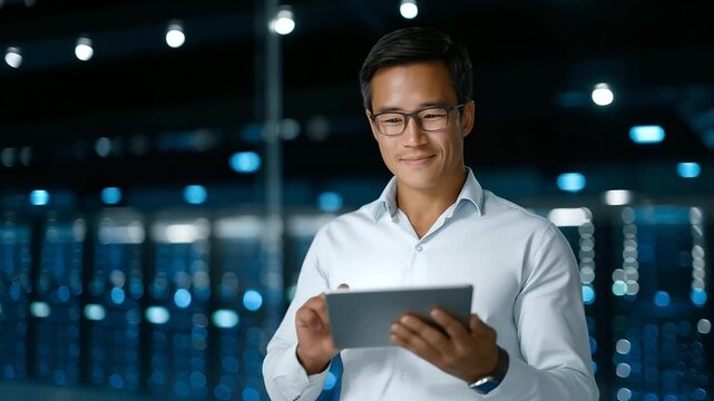 Engineer performing diagnostics in a high-tech data center, interacting with servers using a digital tablet, surrounded by blinking lights and secure systems cybersecurity, IT oper