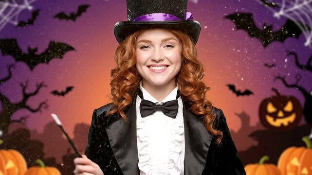 Smiling magician with top hat bow tie and wand in a Halloween setting with pumpkins and bats