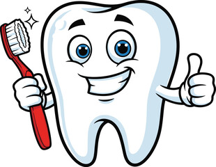 Cartoon smiling tooth with toothbrush vector, cheerful dental hygiene character giving thumbs-up for kids’ health posters and oral care campaigns