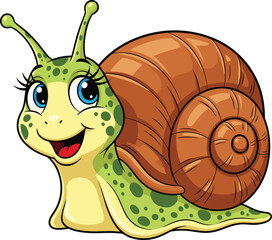 Cartoon snail vector illustration — green spotted body, brown spiral shell, smiling face with expressive blue eyes for children’s prints and character art