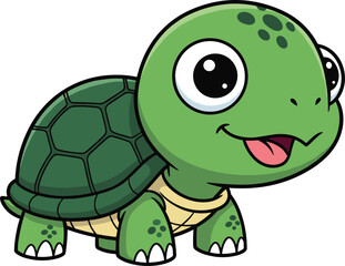 Cartoon turtle sitting vector illustration, green shell with smiling face and expressive eyes for children’s art, education, and playful prints