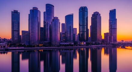 Fototapeta premium Modern cityscape at dawn, reflecting on calm water