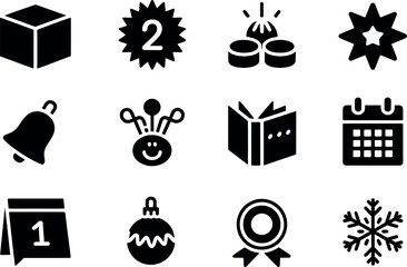 Vector holiday icons:  calendar, snowflake, gift, award, bell.