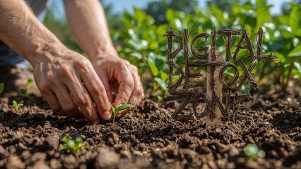Planting a seedling near a digital detox zone sign made of twigs in a garden setting outdoors