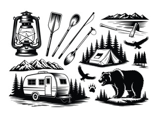 Camping and wildlife silhouette vector set for outdoor themes Vector illustration