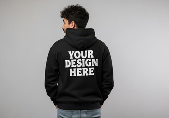 Man wearing a black hoodie with your design here printed on the back, isolated on a grey background, showcasing a mockup for custom apparel mockup