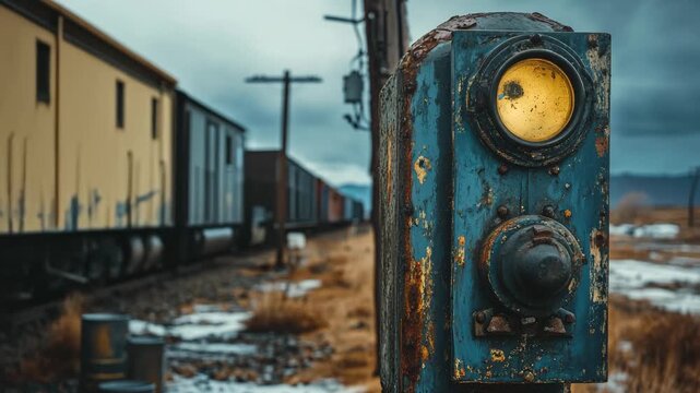 A rusty train signal stands in the foreground with a freight train passing in the background. The scene is set in a rural area with overcast skies.