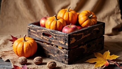 Rustic Autumn Still Life with Pumpkins and Apples in Warm Tones - Cozy Seasonal Harvest Display