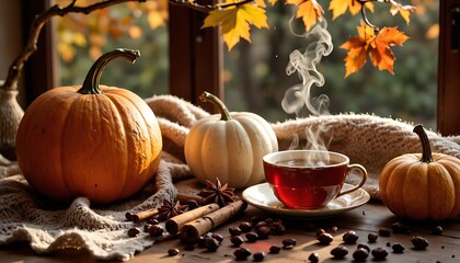 Cozy Autumn Still Life with Pumpkins and Steaming Tea in Warm Rustic Tones – Relaxing Fall Mood Indoors